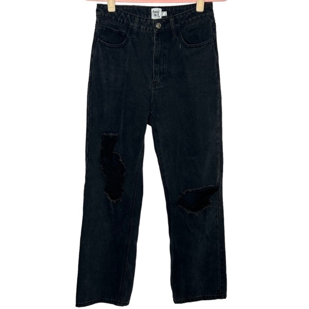 Princess Polly Distressed High Rise Straight Leg Denim Jeans in Washed Black